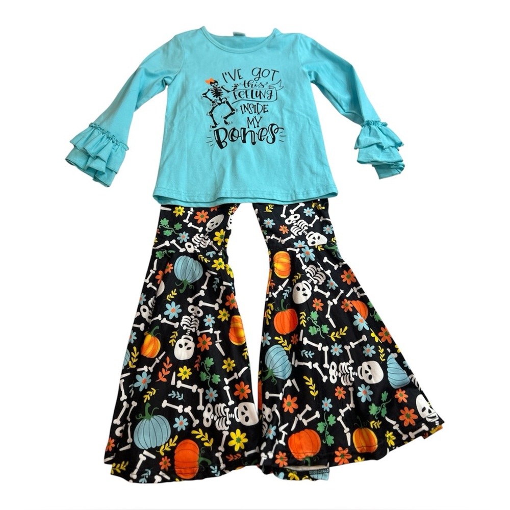 Halloween Skeleton 2 pc set Size 6/7 Bell Bottom Pants Ruffle Sleeve Top girls - Picture 1 of 10